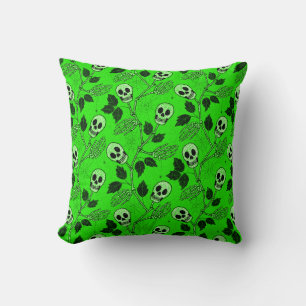 Cojín Decorativo Calavera Floral Gótica Verde Neón