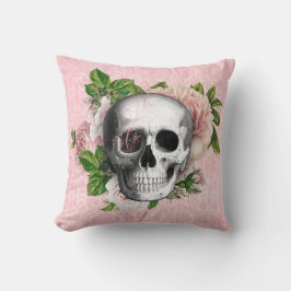 Cojín Decorativo Calavera gótica con rosas rosadas | Reversible