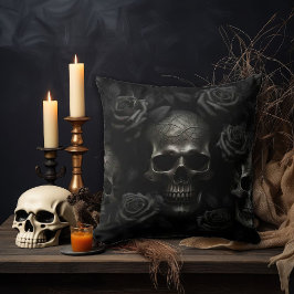 Cojín Decorativo Calavera oscura gótica y rosa negra: decoración ma