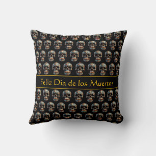 Cojín Decorativo Calavera personalizada de oro y turquesa del Día d