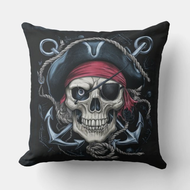 Cojín Decorativo Calavera pirata con gorra pirata y anclas cruzadas (Anverso)