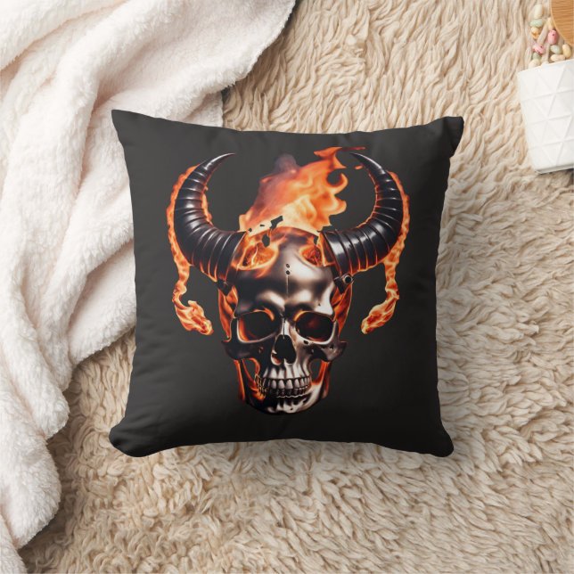 Cojín Decorativo Calavera retro muerta en llamas con cuerno en llam (Manta)