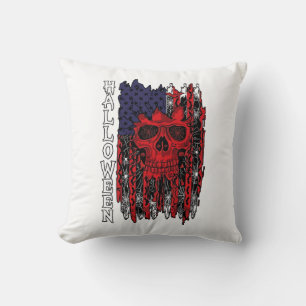 Cojín Decorativo Calavera Roja de Halloween Bandera Americana Telar