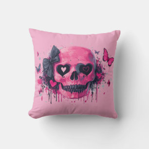 Cojín Decorativo Calavera rosa con mariposas y corazones
