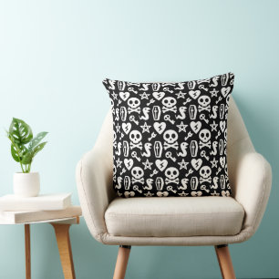 Cojín Decorativo Calavera y Huesos Cruzados de Halloween Lindo Negr