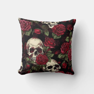 Cojín Decorativo Calavera Y Roses Rojas Floral Gótica