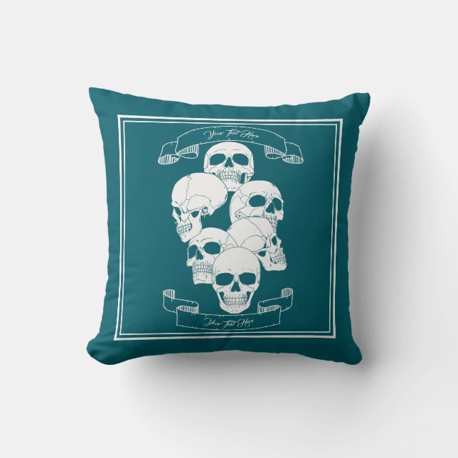 Cojín Decorativo Calaveras con Texto Verde Azulado (Anverso)