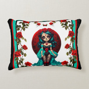 Cojín Decorativo Calaveras de Azúcar con Rosas Verdes Acuáticas y R