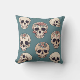 Cojín Decorativo Calaveras de flores verdes Halloween colorido anim