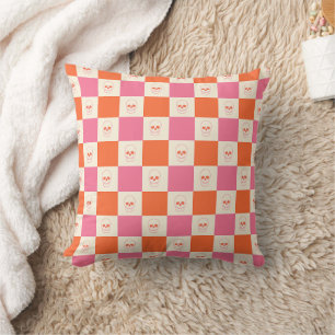 Cojín Decorativo Calaveras de tablero de ajedrez en rosa, Naranja y