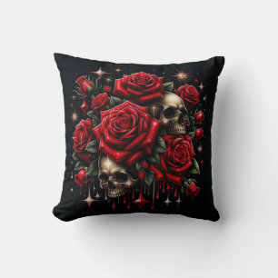 Cojín Decorativo Calaveras doradas y rosas rojas brillan con glamou