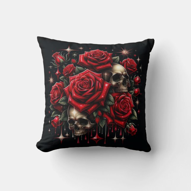 Cojín Decorativo Calaveras doradas y rosas rojas desgarran el glamo (Anverso)