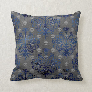 Cojín Decorativo Calaveras y Damasco azul en gris