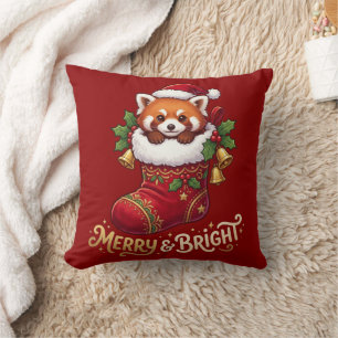 Cojín Decorativo Calcetín de Navidad de Panda Rojo Alegre y Brillan