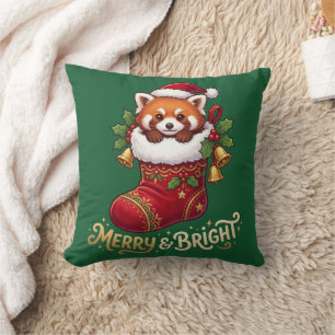 Cojín Decorativo Calcetín de Navidad de Panda Rojo Alegre y Brillan