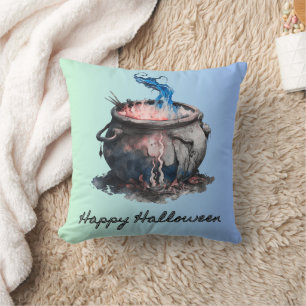 Cojín Decorativo Caldero de Brujas Fumando Rosa y Azul Halloween