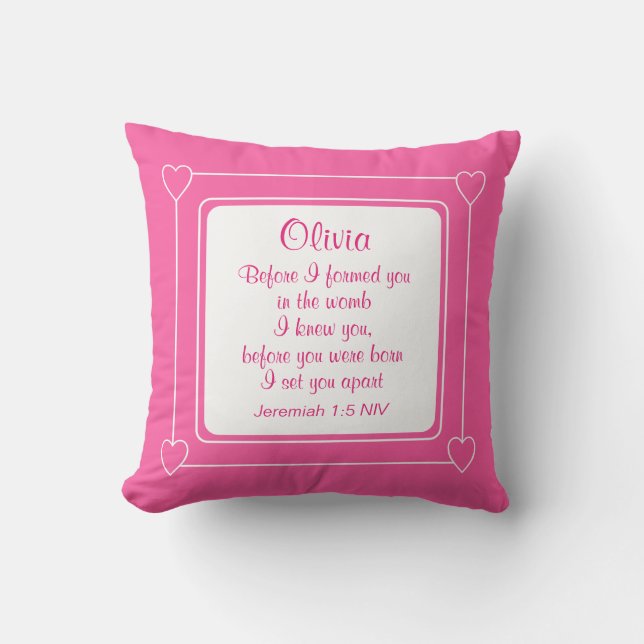 Cojín Decorativo Caliente rosa y blanco de nombre personalizado Bib (Anverso)