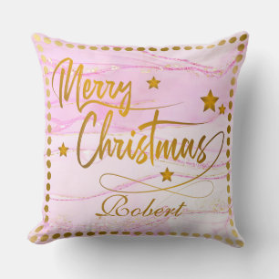Cojín Decorativo Caligrafía de oro Feliz Navidad rosa personalizado
