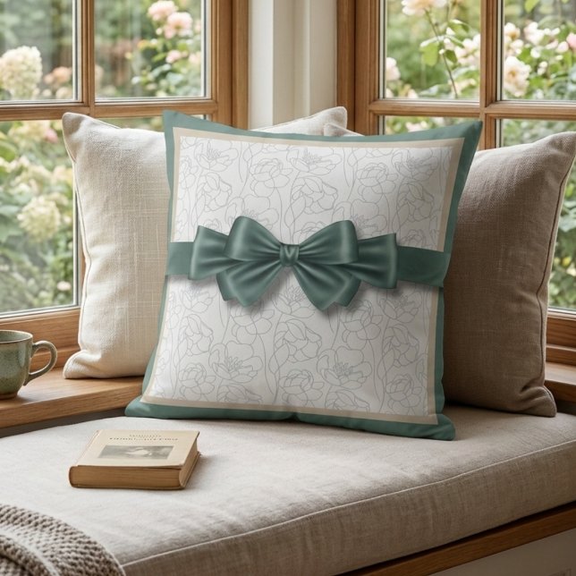 Cojín Decorativo Calm Sage Sand Neutral Croquet Bow Decor (Find your zen with the peaceful sage green and sand tones of our ribbon motif pillow)