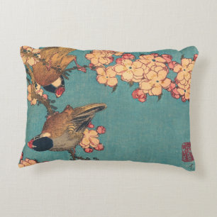 Cojín Decorativo Camachuelo de Hokusai y Flor de Cerezo Ave Vintage