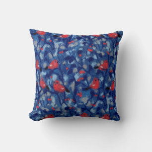 Cojín Decorativo Camachuelos, pájaros rojos árboles del bosque azul
