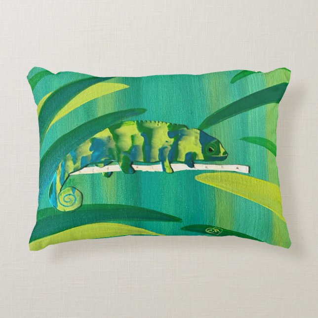 Cojín Decorativo Camaleón azul verde azul en una rama (Anverso)