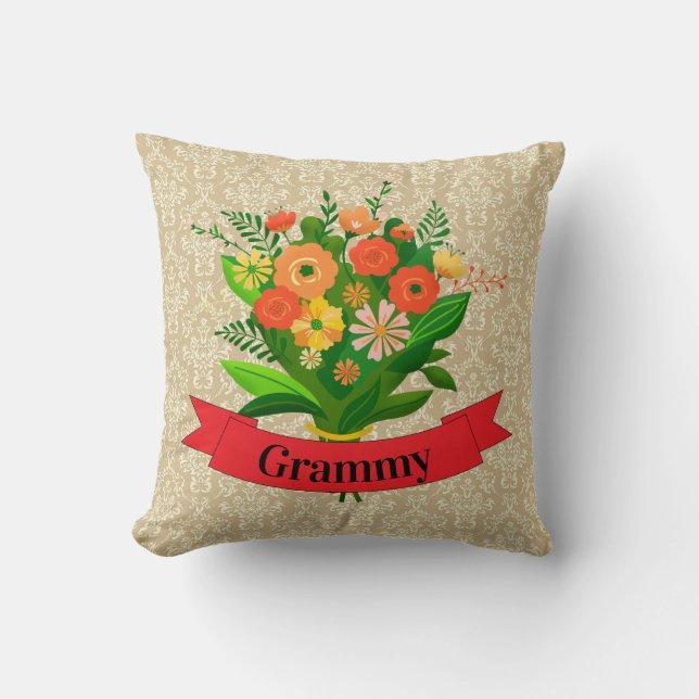 Cojín Decorativo Cambiar nombre Abuela Flores Grammy en Damask (Anverso)