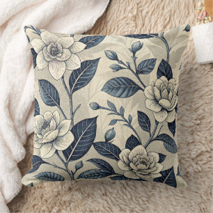 Cojín Decorativo Camelia de marfil Indigo Azul Chinoiserie Botánico