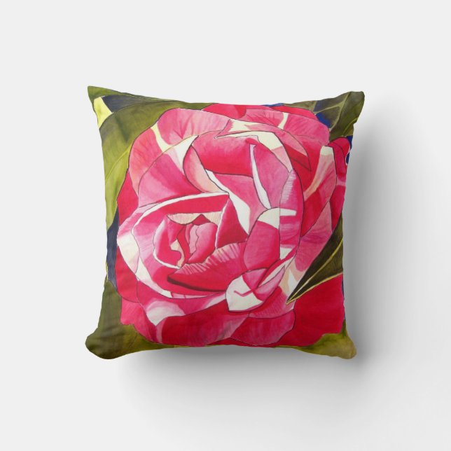 Cojín Decorativo Camelia floral rosa caliente (Anverso)