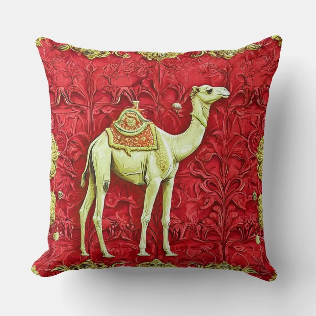 Cojín Decorativo Camello sobre fondo rojo (Anverso)