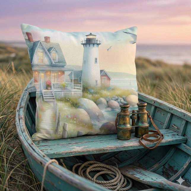 Cojín Decorativo Camino hacia la cabaña costera del faro (Pathway to the Lighthouse Coastal Cottage Throw Pillow Mockup A)