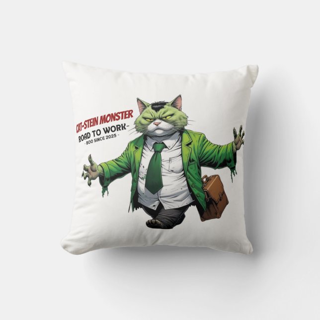 Cojín Decorativo Camino monstruoso al trabajo – Gato Frankenstein (Anverso)