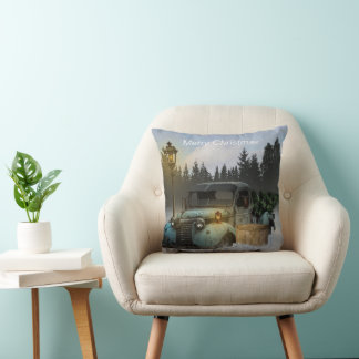 Cojín Decorativo Camión azul clásico con árbol de Navidad.