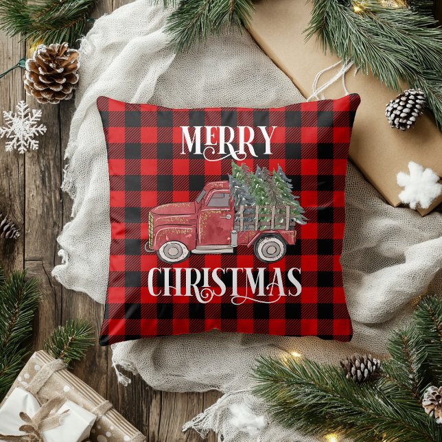 Cojín Decorativo Camión de acuarela de Feliz Navidad Plaid Búfalo (Subido por el creador)