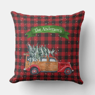 Cojín Decorativo Camión de paneles de madera rojo vintage con árbol