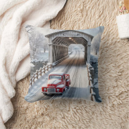 Cojín Decorativo Camión retro rojo y puente cubierto
