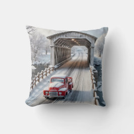 Cojín Decorativo Camión retro rojo y puente cubierto