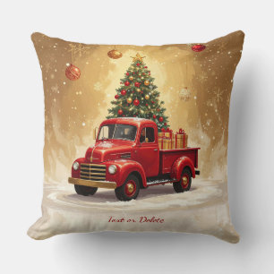 Cojín Decorativo Camión Rojo Antiguo con Árbol de Navidad y Regalos