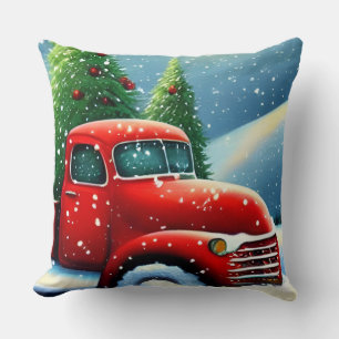 Cojín Decorativo Camión Rojo Antiguo de Navidad y Árboles Nevados
