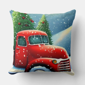 Cojín Decorativo Camión Rojo Antiguo de Navidad y Árboles Nevados