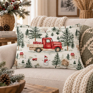 Cojín Decorativo Camión rojo con regalos y muñeco de nieve