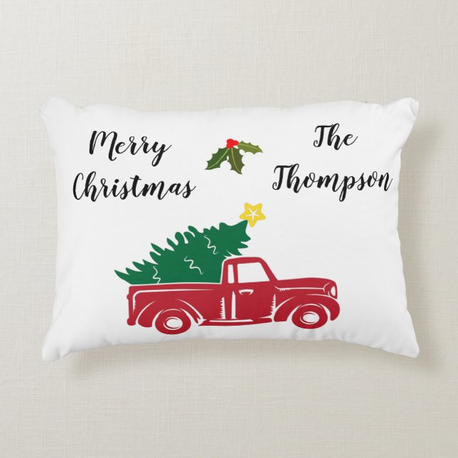 Cojín Decorativo Camión rojo de granja sencillamente con apellido (Anverso)
