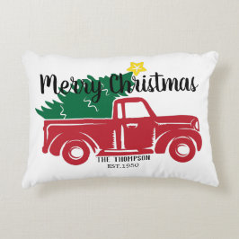 Cojín Decorativo Camión rojo vintage moderno con verde pino