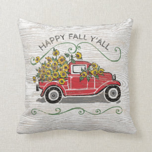 Cojín Decorativo Camión rojo virgen de girasol feliz otoño