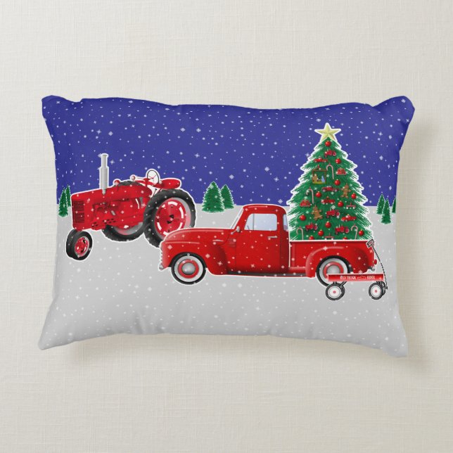 Cojín Decorativo Camión y vagón rojos y viejo tractor rojo (Reverso)