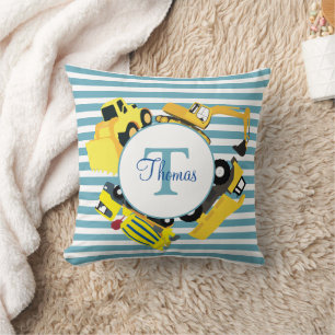 Cojín Decorativo Camiones de Construcción Monograma de Franjas Azul