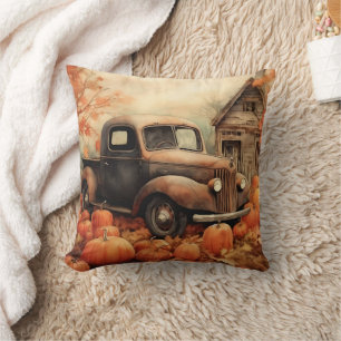 Cojín Decorativo Camioneta Vieja Oxidada y Calabazas Otoño
