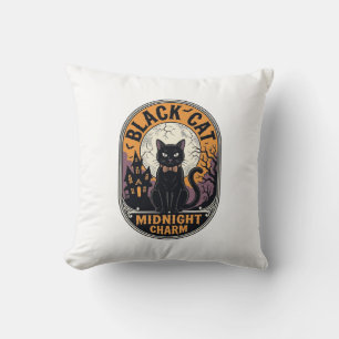 Cojín Decorativo Camiseta de Halloween de Gato Negro Vintage Midnig