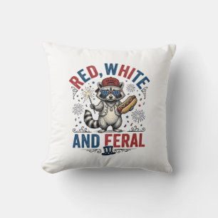 Cojín Decorativo Camiseta de mapache patriota feroz roja blanca_1