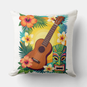Cojín Decorativo Camiseta de Vibraciones de Luau Tiki Ukulele Tropi